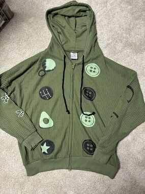 Coraline Oversized Waffle Knit Full Zip Hoodie Button Print Green S Women
